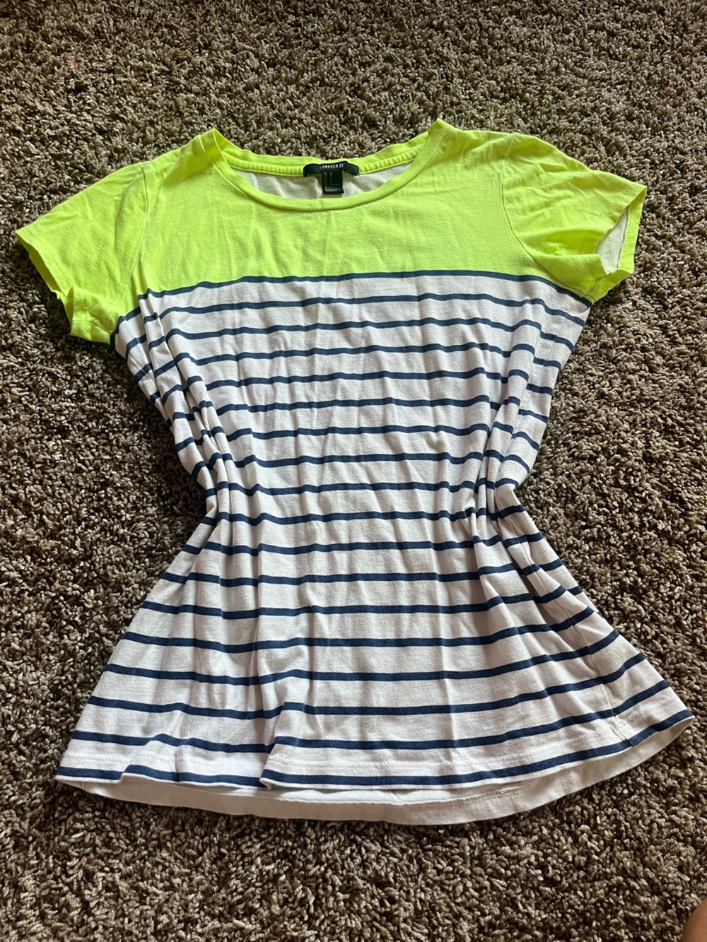 Forever 21 Neon Yellow and Navy Striped Short Sleeve Tee